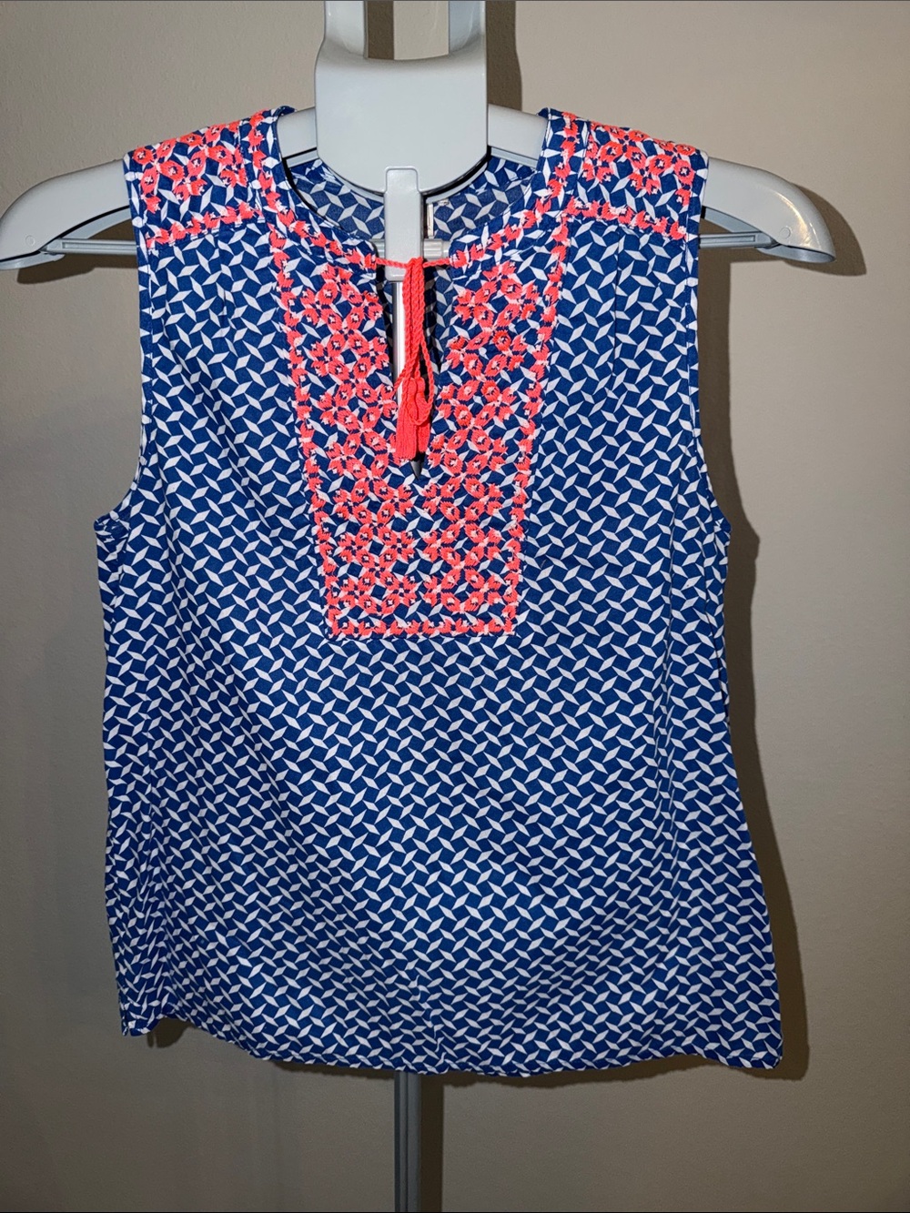 J. Crew Navy Blue Geometric Sleeveless Top with Neon Coral Embroidery